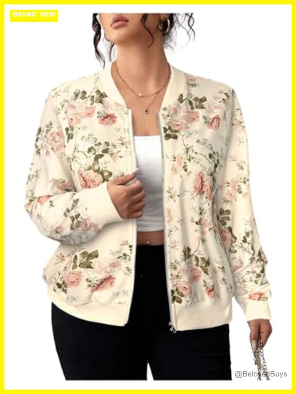 Plus Size Floral Print Zip Up Varsity Bomber Jacket Long Sleeve Casual Outerwear